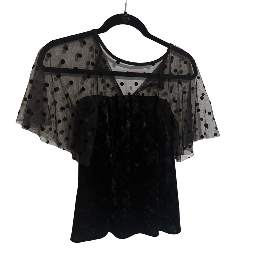 Eva Franco Black Velvet Polka Dot Mesh Sheer Sleeve Blouse Top Womens XS witchy